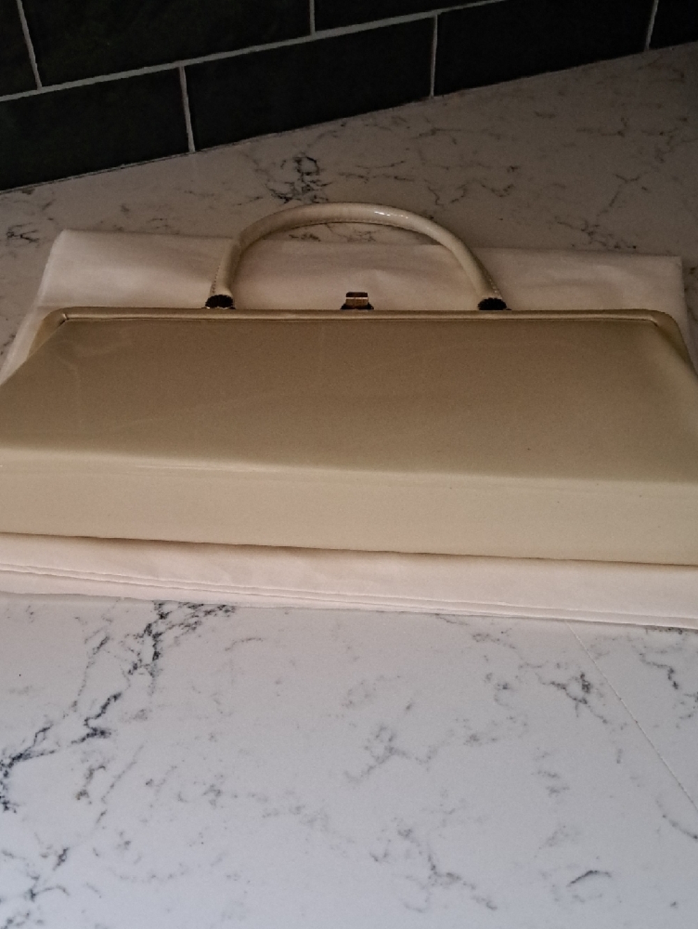Cream Patent Top-Handle Clutch with Gold-Tone Accents - Picture 4 of 5